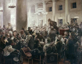 Lenin spricht auf dem Allrussischen Kongress der Sowjets von I. A. Serebryany, Zentralmuseum Lenin, Leningrad, Treffen von V. I. Lenin mit N. K. Krupskoy